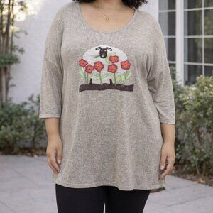 Cactus + Pearl Boho Tunic Sheep Floral Applique 3/4 Sleeve Soft Knit Top Tan XXL